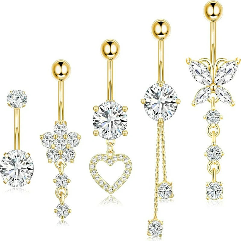 Stainless Steel Dangle Belly Ring Dangling Piercing Jewelry with Heart Flower Butterfly