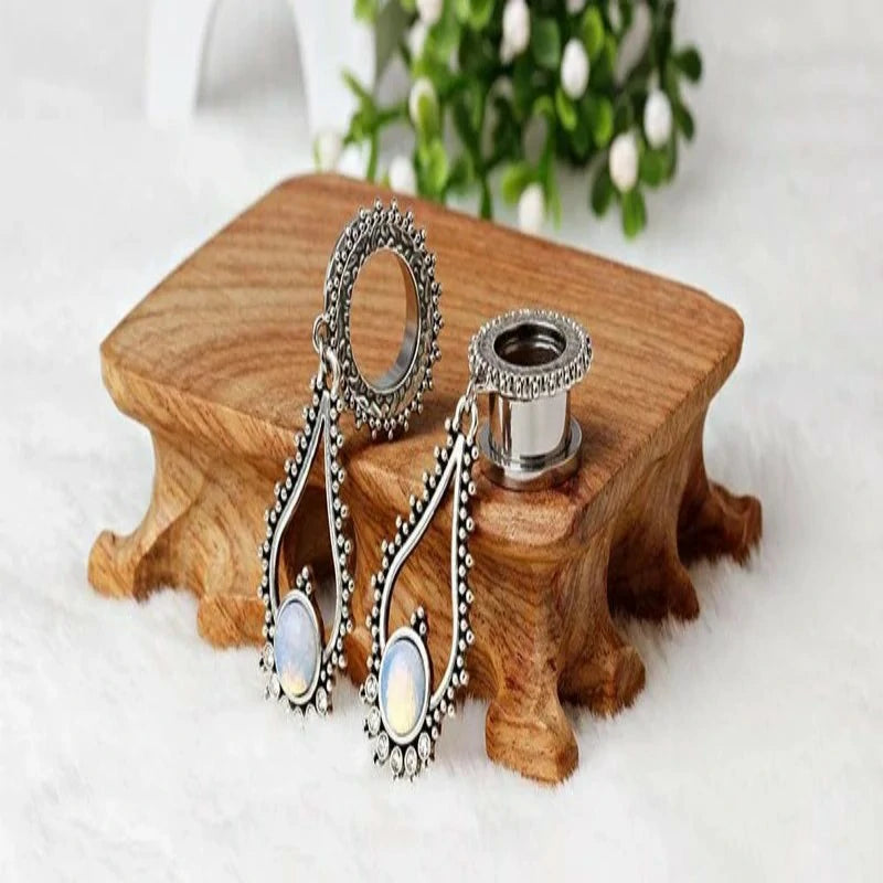 Stainless Steel Teardrop Opal Wedding Earrings Large Dangle Bridal Plug Ear Gauges