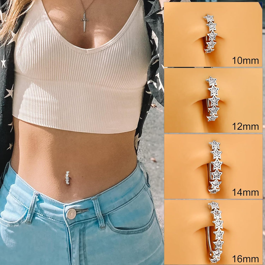 Star Belly Button Ring 14G Reverse Belly Ring Stainless Steel 316L 10/12/14/16 mm Belly Piercing Clicker Clear CZ Belly Piercing Jewelry for Women - 我的商店我的商店我的商店