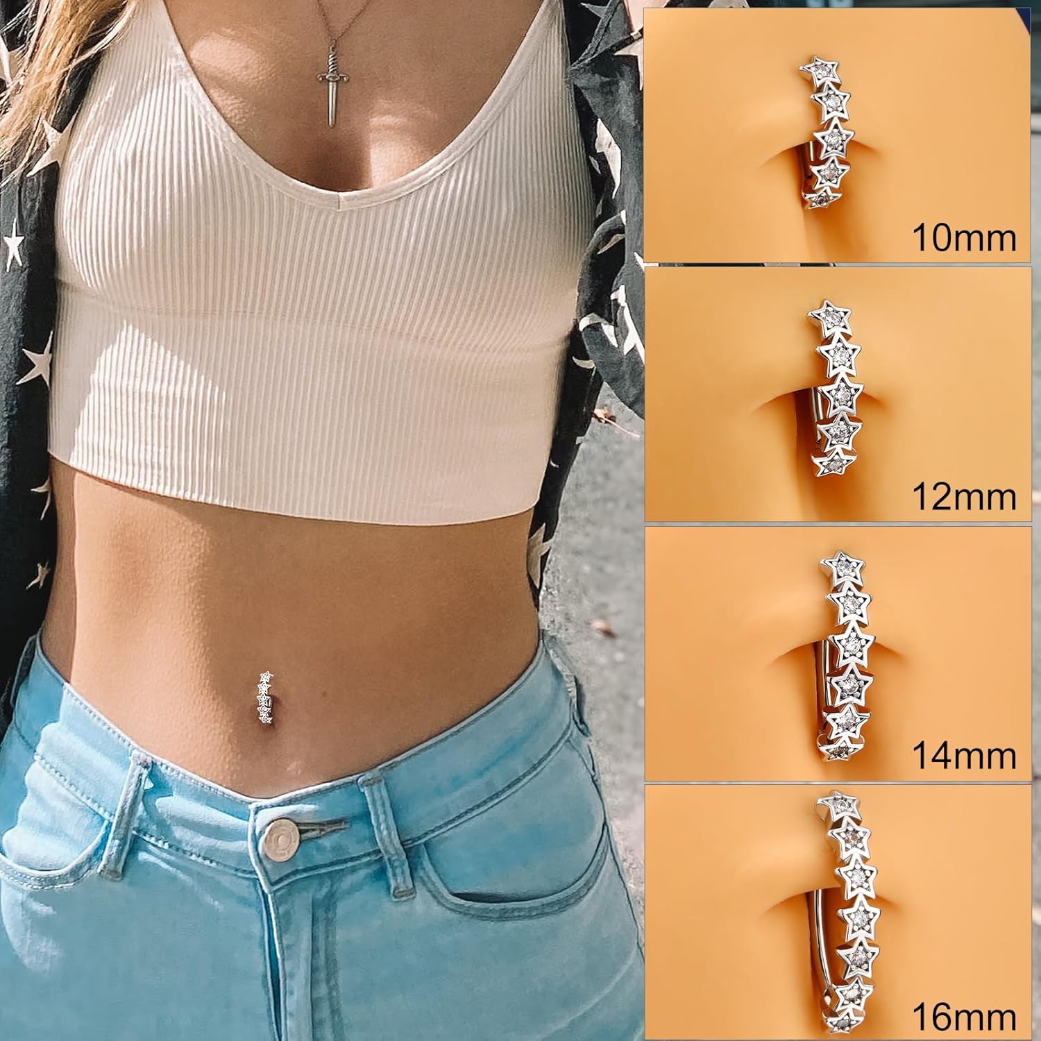 Star Belly Button Ring 14G Reverse Belly Ring Stainless Steel 316L 10/12/14/16 mm Belly Piercing Clicker Clear CZ Belly Piercing Jewelry for Women - 我的商店我的商店我的商店