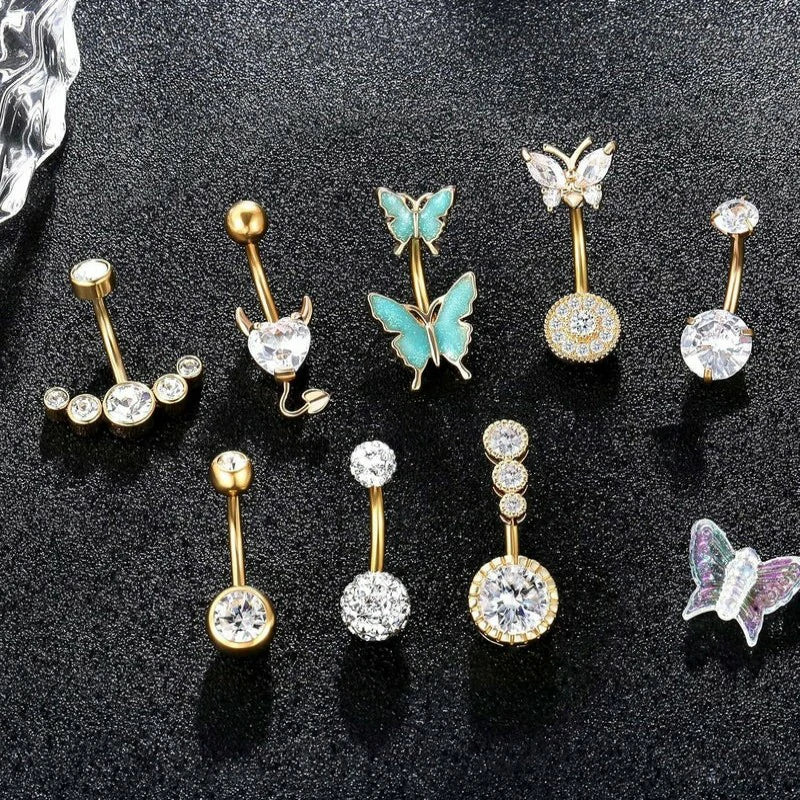 Steel Belly Button Ring with Cute Butterfly Navel Rings Piercing Jewelry Pack