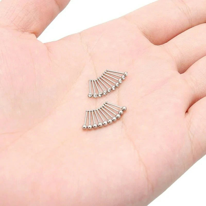 1.5mm 2mm 2.5mm 3mm 22G 20PCS Surgical Steel Bone Nose Rings Pin Clear Diamond