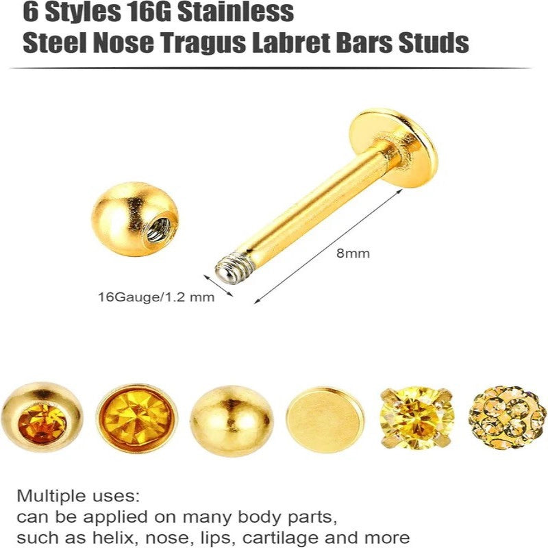16g Tragus Gold Flat Back Earrings Diamond Crystal Lip Rings Stainless Steel Labret Bars