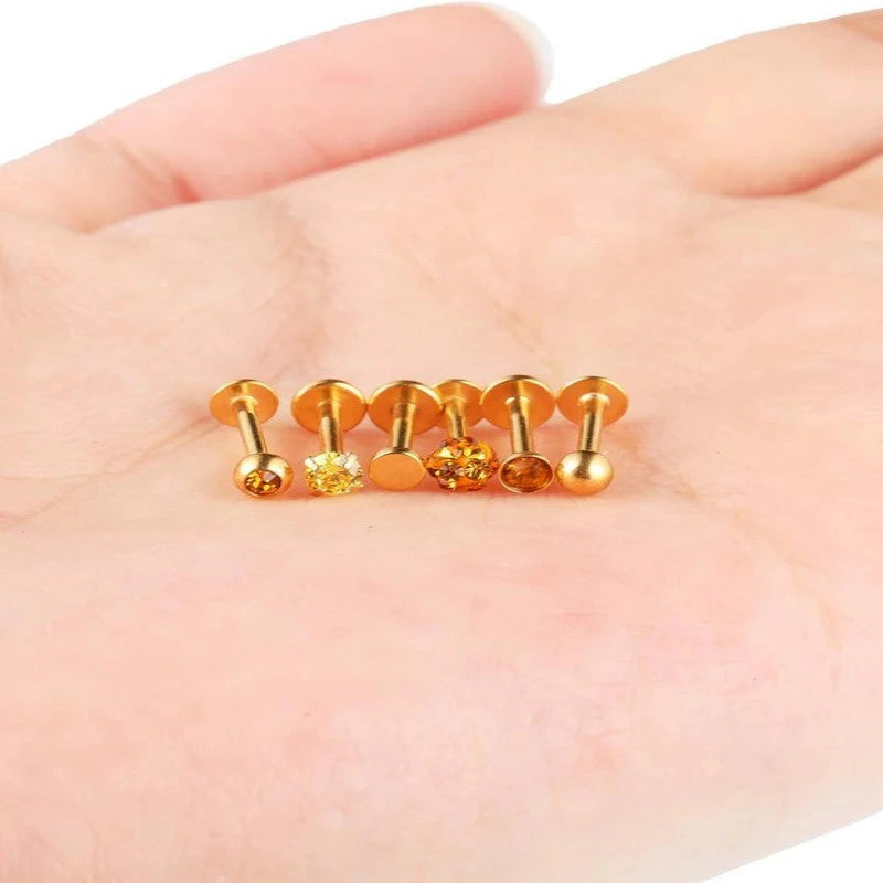 16g Tragus Gold Flat Back Earrings Diamond Crystal Lip Rings Stainless Steel Labret Bars