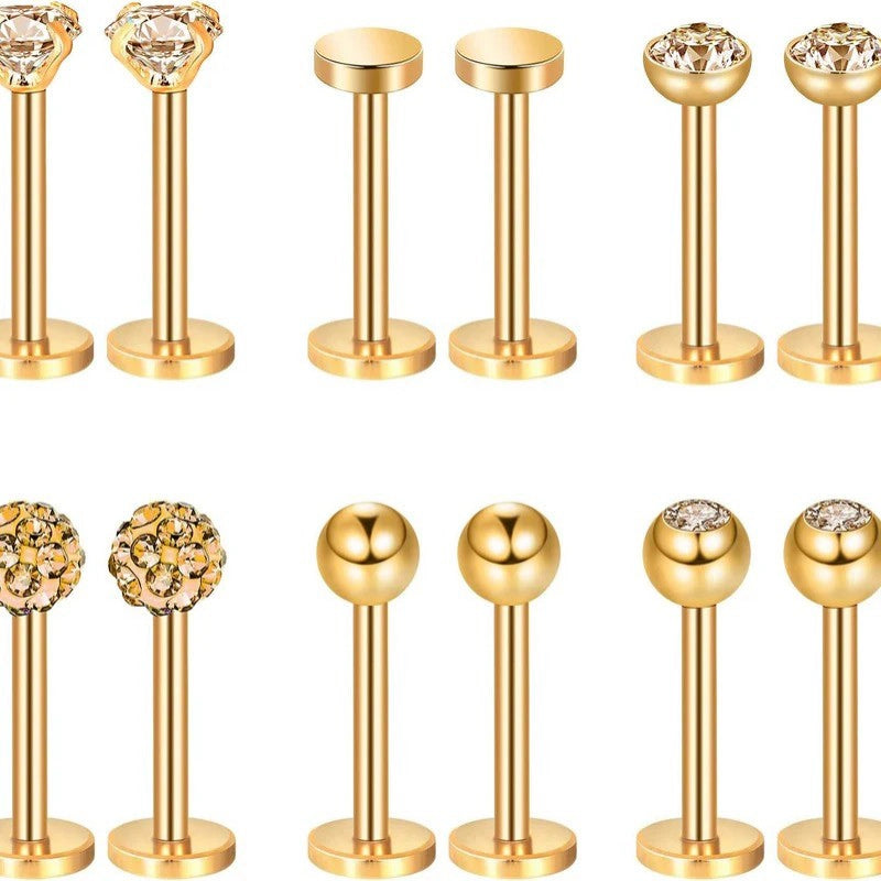 16g Tragus Gold Flat Back Earrings Diamond Crystal Lip Rings Stainless Steel Labret Bars