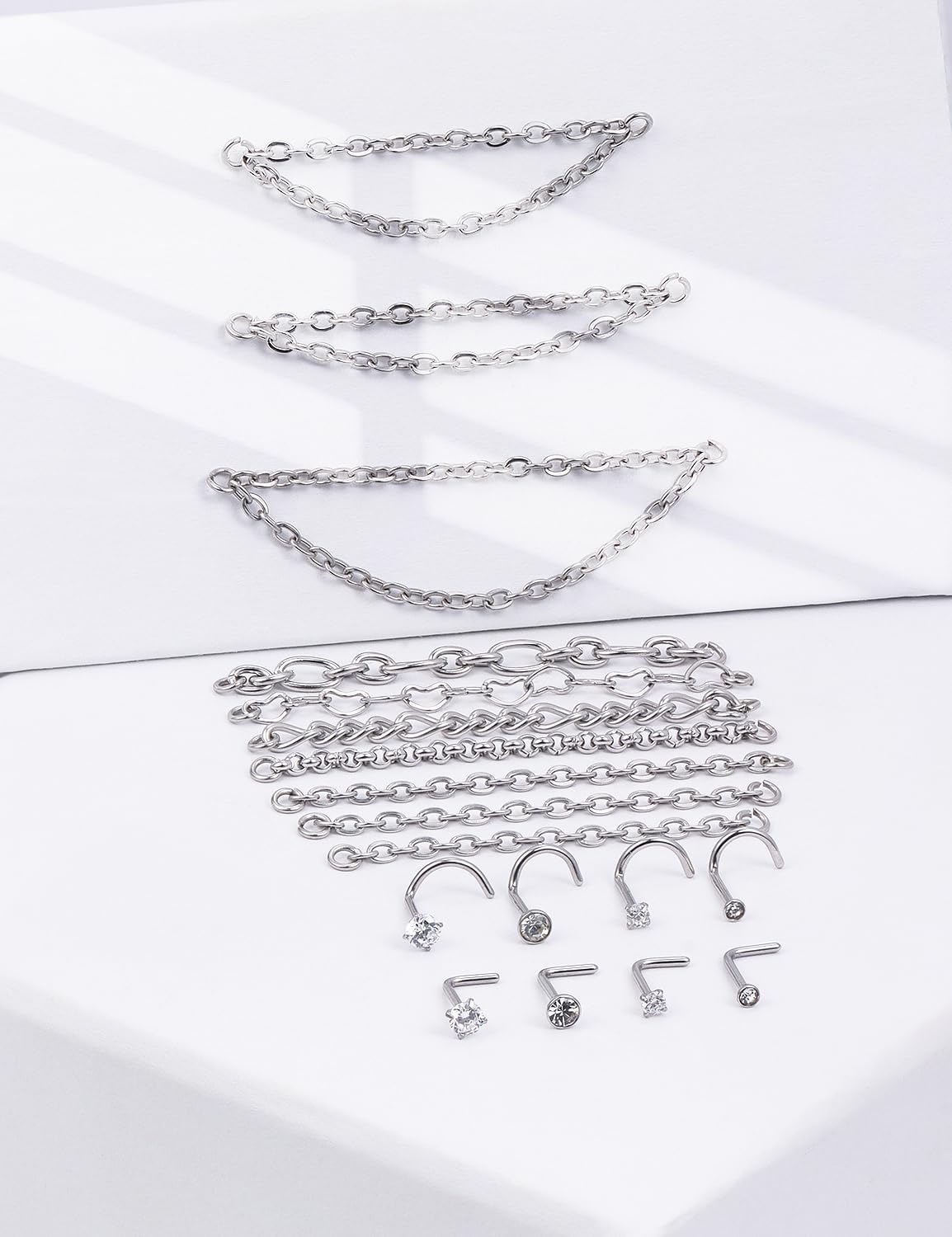 Surgical Steel Double Chains Corkscrew Shaped Bar Hypoallergenic - QIAO CrystalQIAO CrystalQIAO Crystal
