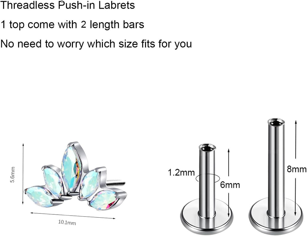Threadless Labret Studs Push - in Colorful CZ Labret Cluster Tragus Helix Conch Lobe - QIAO CrystalQIAO CrystalQIAO Crystal
