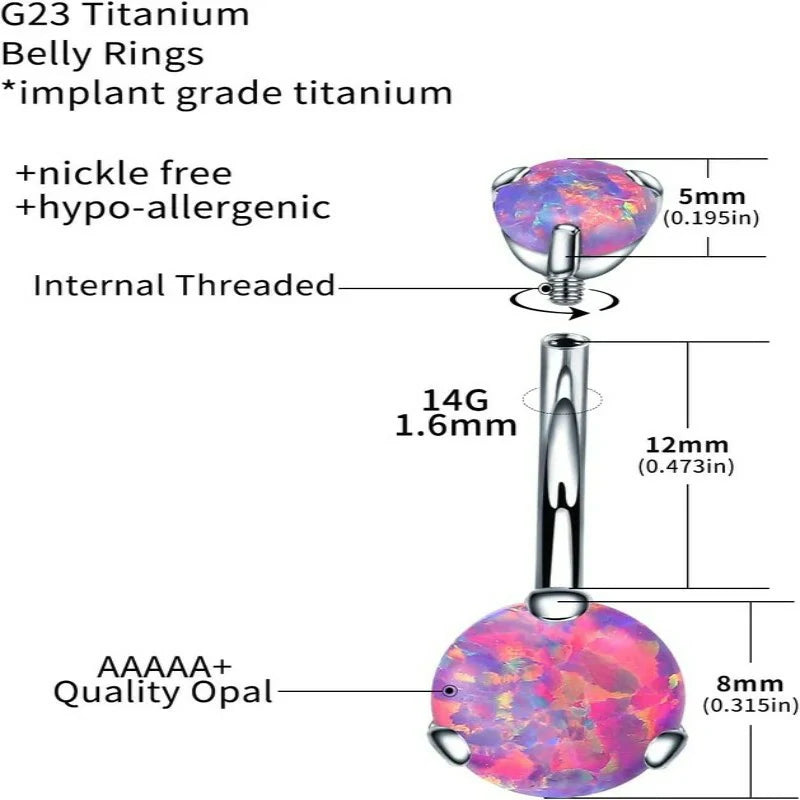 Belly Button Rings Cubic Zircon Opal Hypoallergenic Threaded 14G Diamond Navel