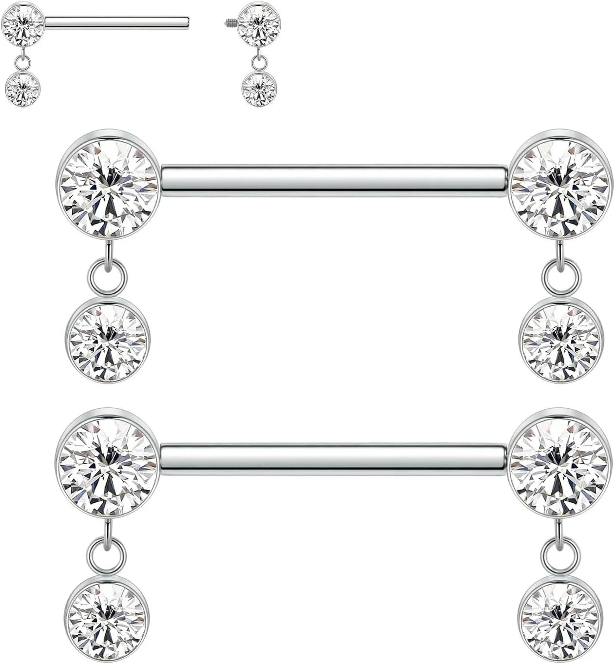 Titanium Nipple Piercing Jewelry - Internally Threaded Rings With Cubic Zirconia Dangle