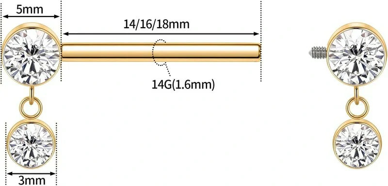 Titanium Nipple Piercing Jewelry - Internally Threaded Rings With Cubic Zirconia Dangle