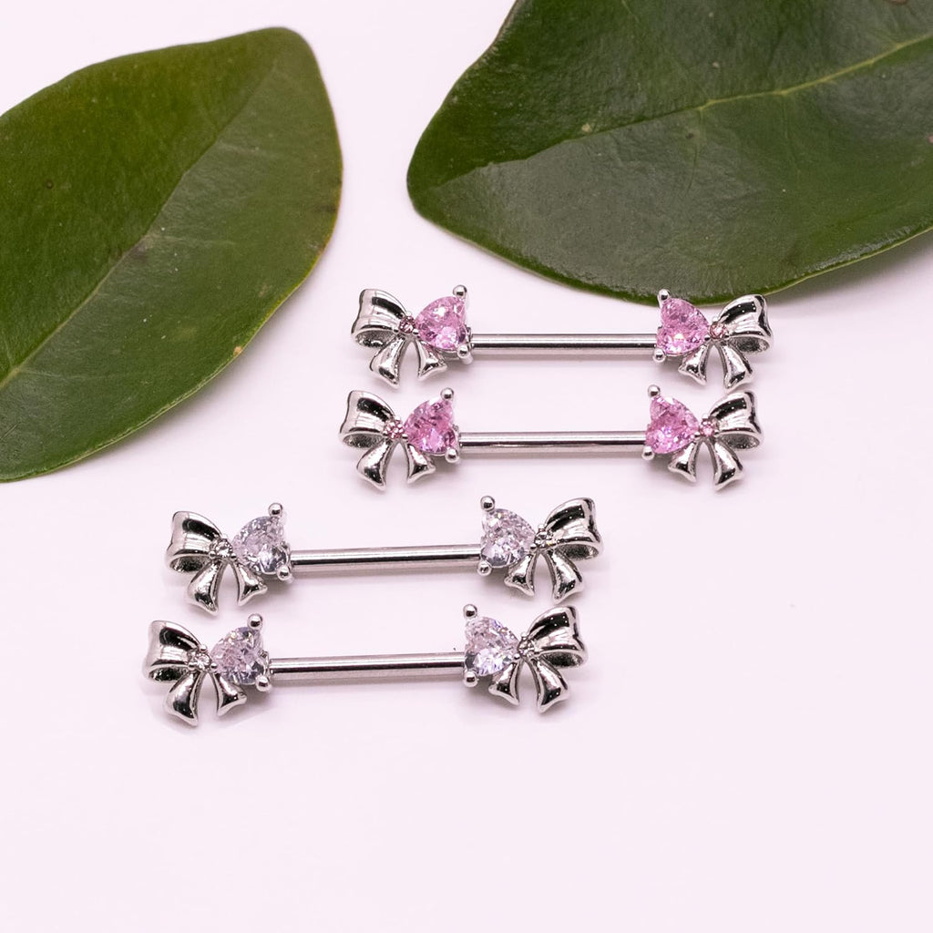 VERAMI 14G Stainless Steel Bowknot Nipple Rings 316L Heart CZ Nipple Barbell Rings Body Piercing for Women - QIAO CrystalQIAO CrystalQIAO Crystal