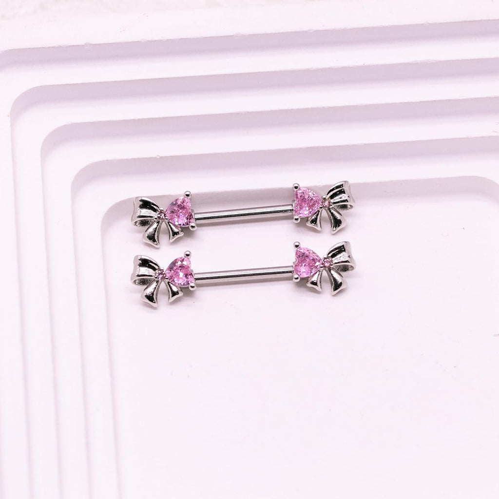 VERAMI 14G Stainless Steel Bowknot Nipple Rings 316L Heart CZ Nipple Barbell Rings Body Piercing for Women - QIAO CrystalQIAO CrystalQIAO Crystal