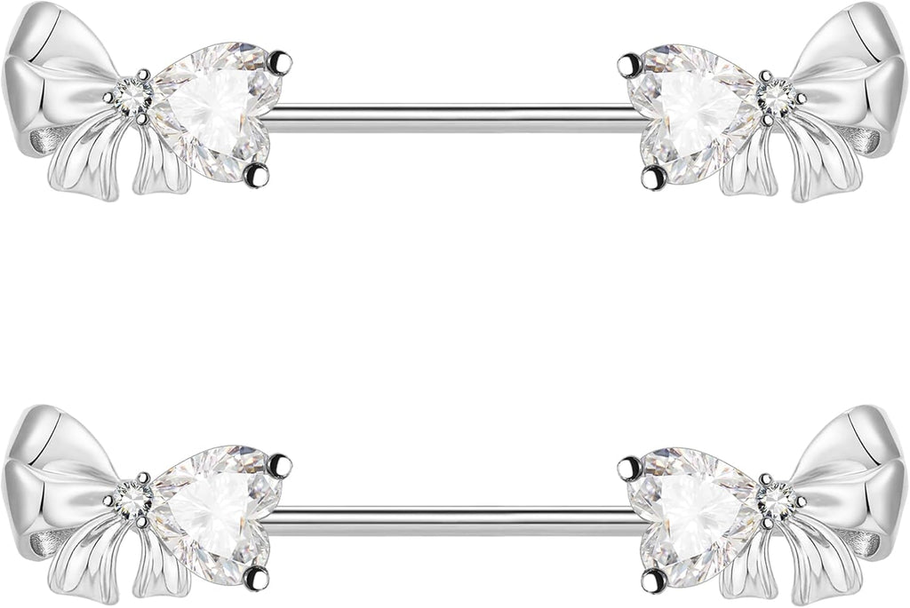 VERAMI 14G Stainless Steel Bowknot Nipple Rings 316L Heart CZ Nipple Barbell Rings Body Piercing for Women - QIAO CrystalQIAO CrystalQIAO Crystal