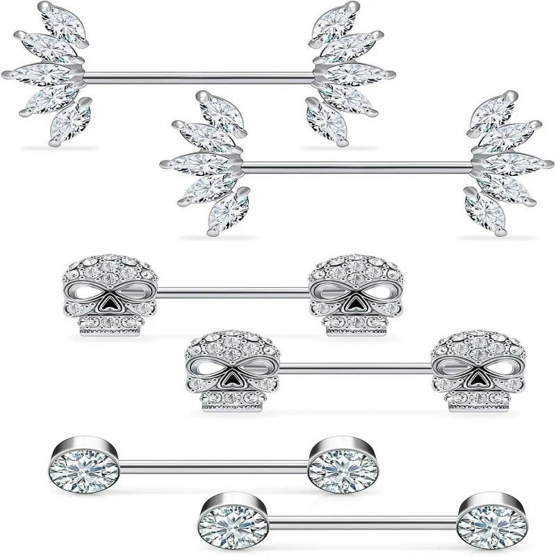 14G Jewelry Surgical Steel Cubic Zirconia Skull Nipple Piercing