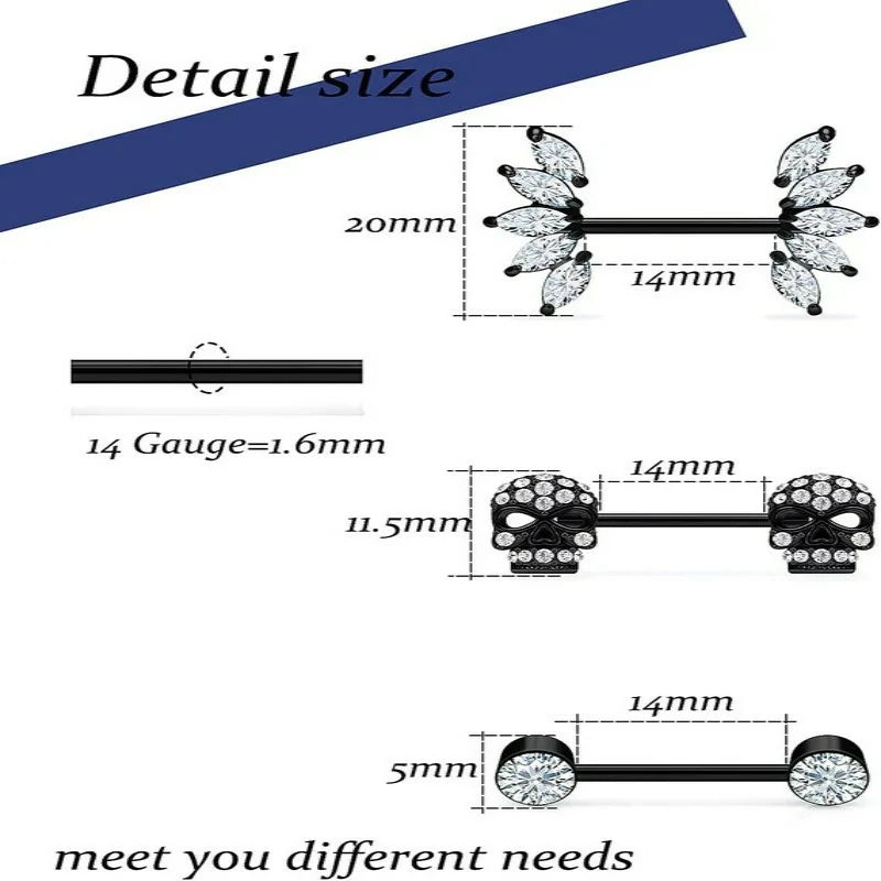 14G Jewelry Surgical Steel Cubic Zirconia Skull Nipple Piercing